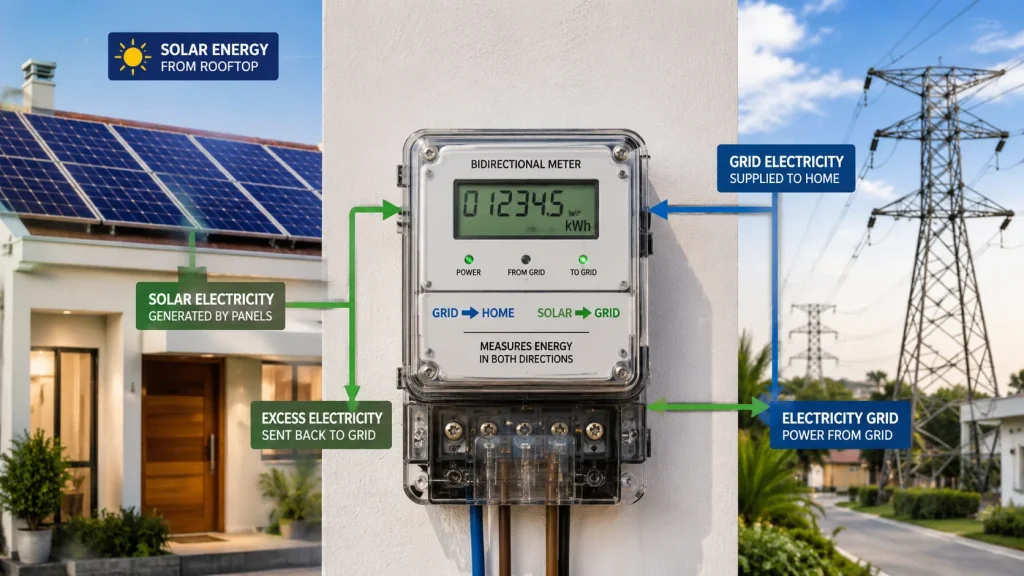 MEPCO Net Metering Guide 2026 showing a solar system and bidirectional electricity meter