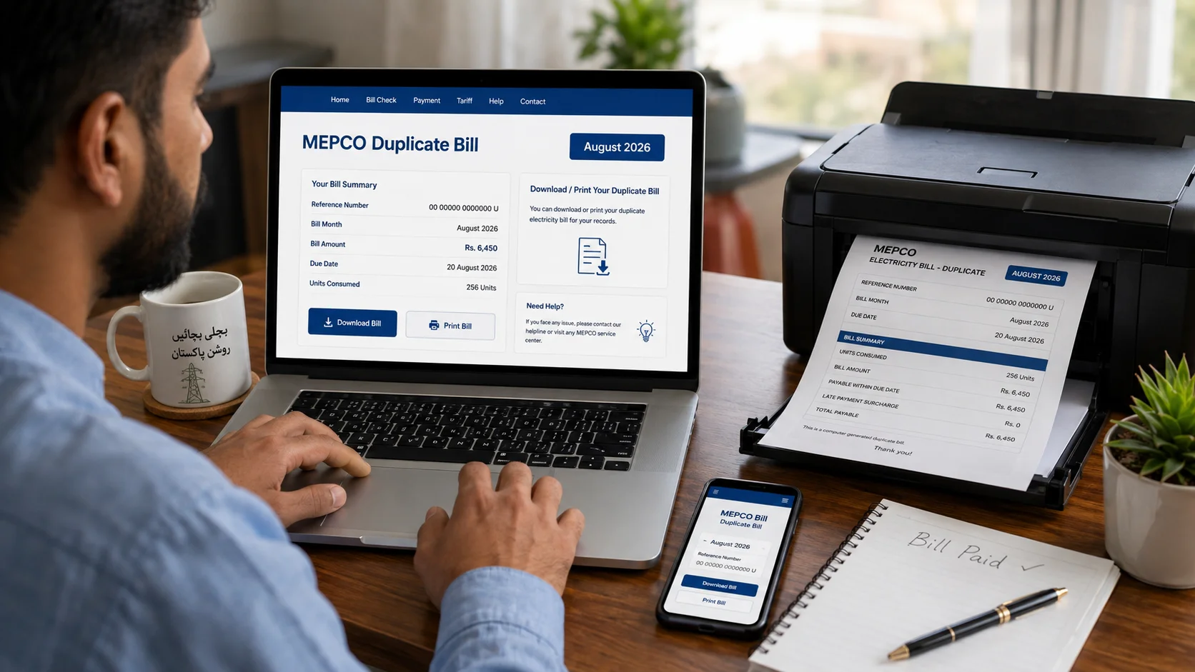 download MEPCO duplicate bill August 2026 online
