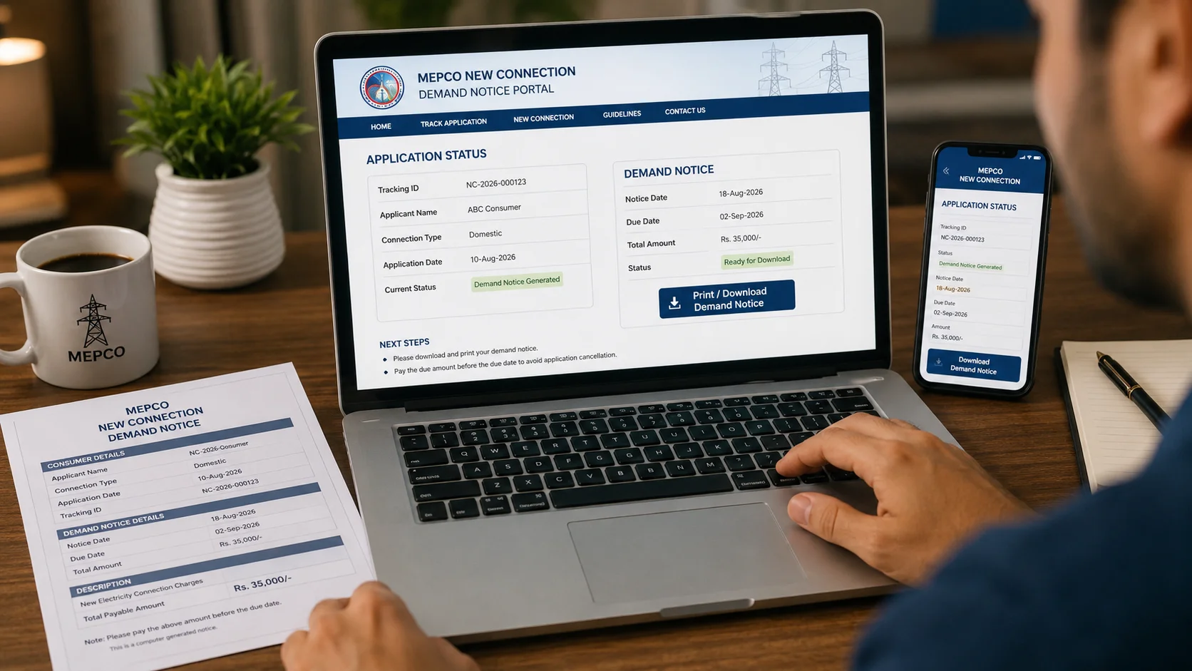 how to download MEPCO new connection demand notice online